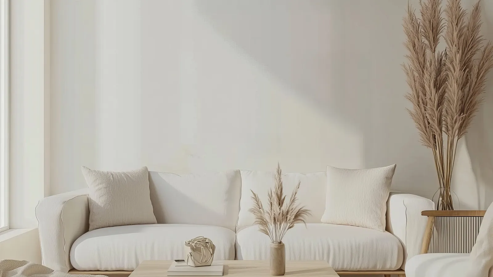 Bright living room with a white sofa and dried pampas grass